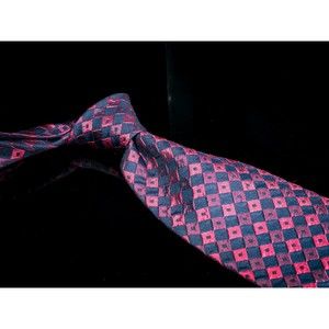 Vintage Kenar 100% Silk Tie Navy Fuchsia Checkered Men's Designer Necktie USA